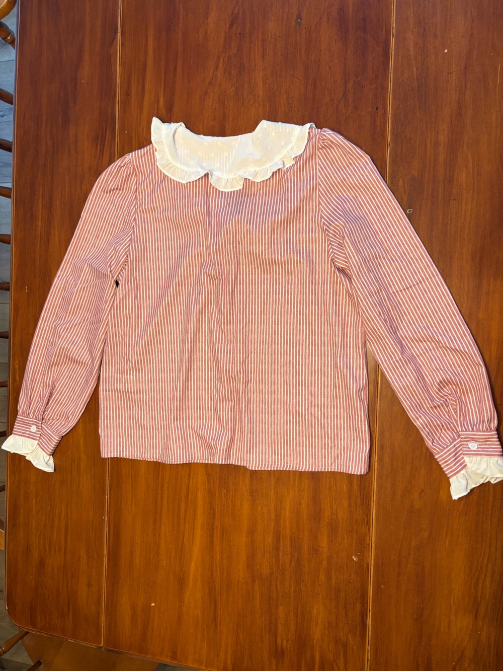 Women’s Red Striped Button-Front Top with Ruffle Collar - Picture 3 of 5